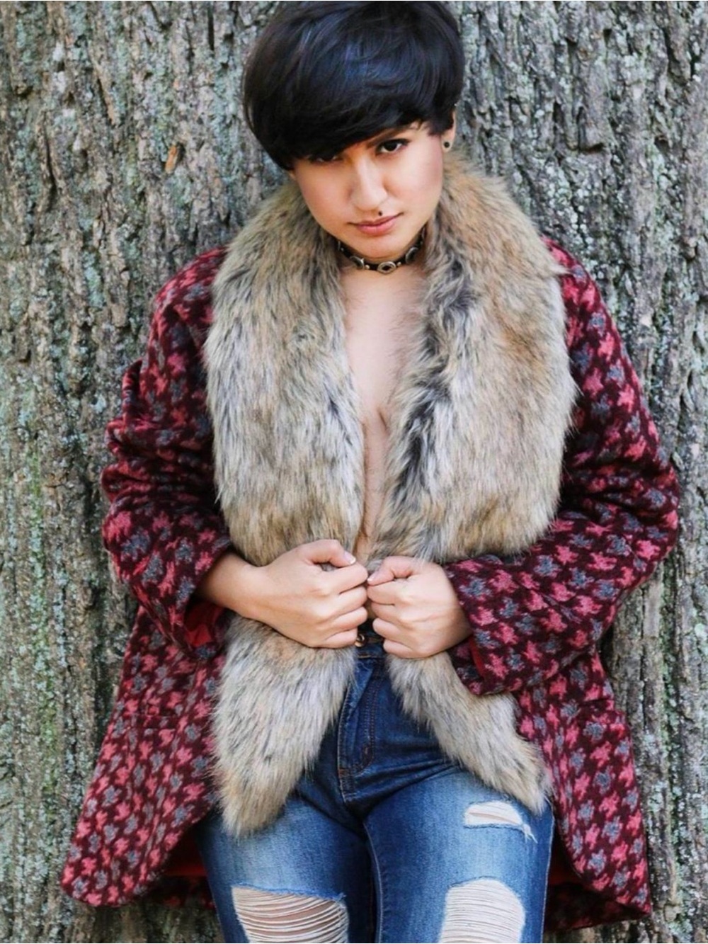 American Vintage Maroon Patterned Pea Coat with Faux Fur Trim